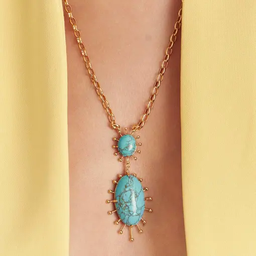 COLAR COM PINGENTE DE PEDRA RECONSTITUÍDA OVAL EM PÊNDULO