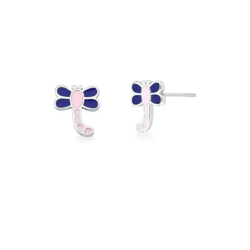 BRINCO KIDS DE LIBÉLULA ESMALTADO AZUL E ROSA PRATA RODINADA