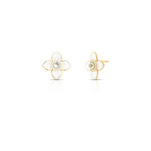 BRINCO DE FLOR ESMALTADO COM CRISTAL E ZIRCÔNIA BANHADO A OURO