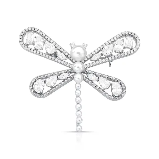 BROCHE DE LIBÉLULA COM CRISTAL E PÉROLA SHELL BANHADO A RÓDIO