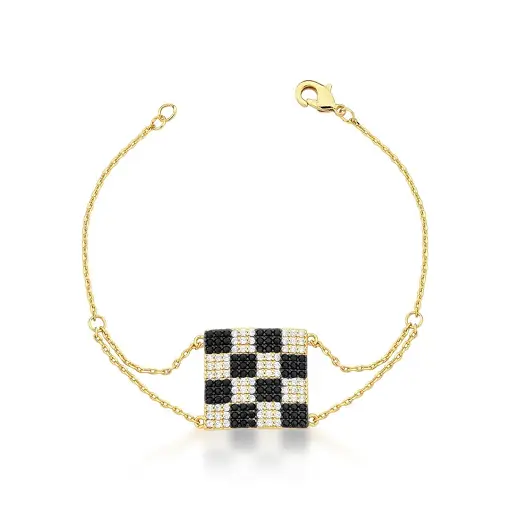 PULSEIRA COM PINGENTE QUADRADO XADREZ BANHADA A OURO