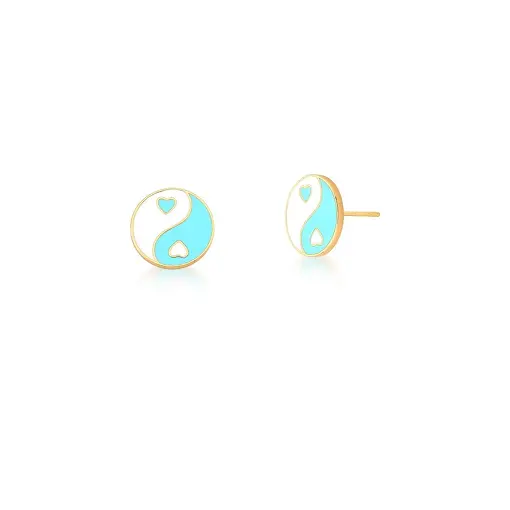 BRINCO REDONDO YING-YANG ESMALTADO AZUL E BRANCO BANHADO A OURO