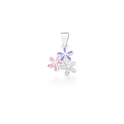 PINGENTE KIDS COM TRÊS FLORES ESMALTADO E ZIRCÔNIAS PRATA LISA