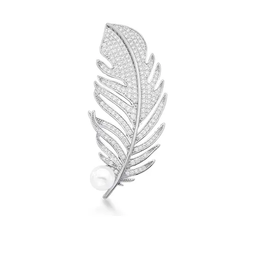 BROCHE DE FOLHA COM PÉROLA SHELL BANHADO A RÓDIO