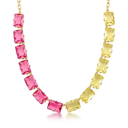 COLAR COM CRISTAIS RETANGULARES ROSA E PRASIOLITA BANHADO A OURO