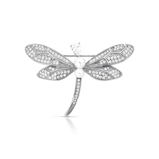 BROCHE DE LIBÉLULA CRISTAL ZIRCÔNIA PÉROLA SHELL BANHADO A RÓDIO
