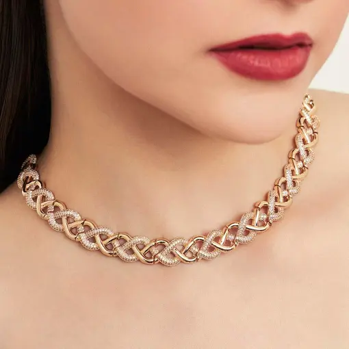 CHOKER EM ARO ELOS TRANÇADOS LISOS E CRAVEJADOS BANHADO A OURO