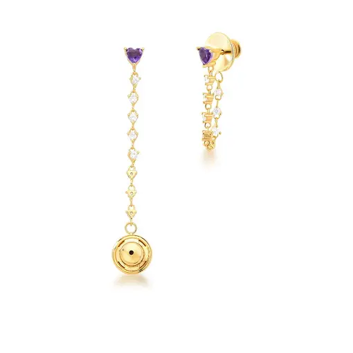 BRINCO EAR JACKET DE CORAÇÃO CRISTAL ROXO BANHADA A OURO