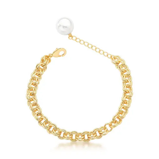 PULSEIRA COM ELOS REDONDOS E PÉROLA SHELL BANHADA A OURO