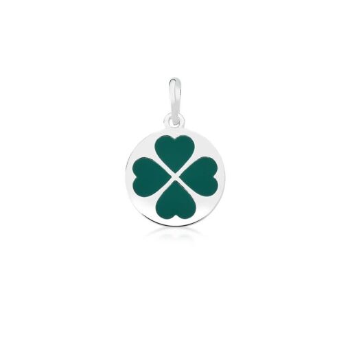 PINGENTE REDONDO COM IMAGEM DE TREVO ESMALTADO VERDE PRATA LISA