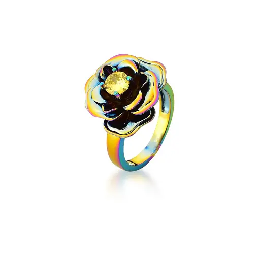 ANEL DE FLOR COM CRISTAL AMARELO BANHADO A FURTA COR