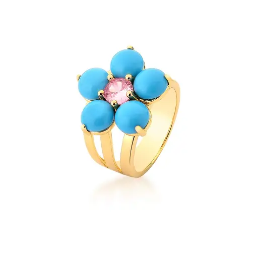 ANEL FLOR EM RESINA NA COR TURQUESA BANHADO A OURO