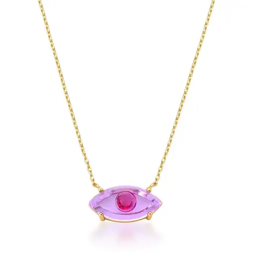 CORRENTE COM PINGENTE DE OLHO CRISTAL LILÁS BANHADA A OURO