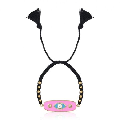 PULSEIRA PLACA COM OLHO GREGO ROSA FOLHEADA A OURO