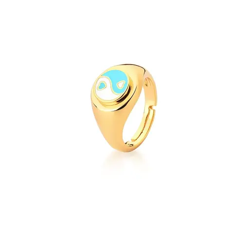 ANEL DEDO MÍNIMO YING-YANG AZUL E BRANCO BANHADO A OURO