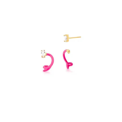 BRINCO EAR JACKET ESMALTADO PINK E CRISTAL NAVETE BANHADO A OURO