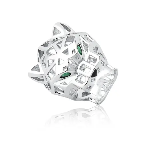 ANEL DE LEOPARDO VAZADO COM CRISTAL ESMERALDA FOLHEADO A RÓDIO