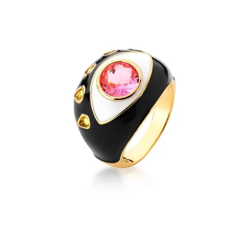 ANEL OLHO GREGO ESMALTADO PRETO E ZIRCÔNIA ROSA BANHADO A OURO