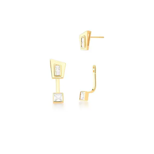 BRINCO EAR JACKET COM ZIRCÔNIAS BAGUETES BRANCAS BANHADO A OURO