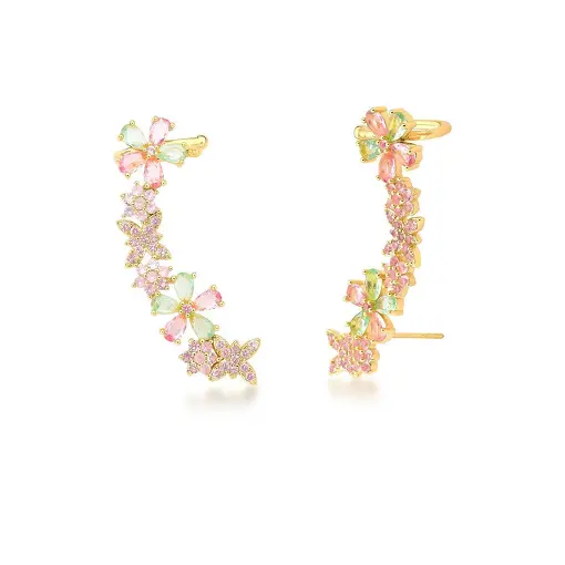 BRINCO EAR CUFF COM FLORES E BORBOLETAS BANHADO A OURO