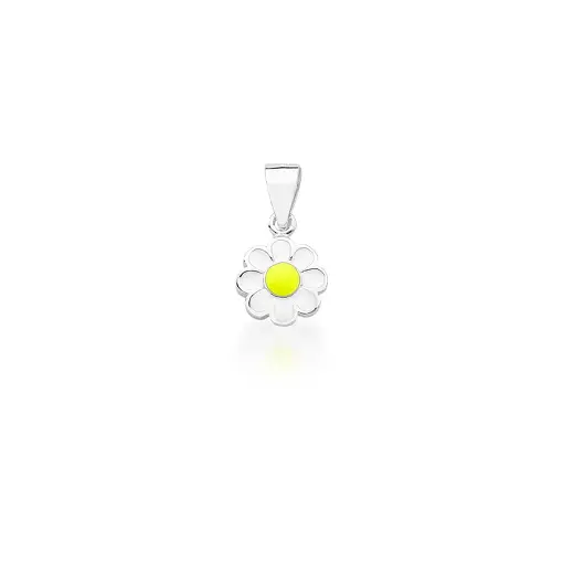 PINGENTE KIDS DE FLOR ESMALTADO BRANCO E AMARELO PRATA LISA