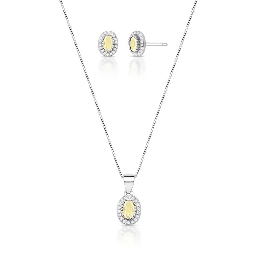 CONJUNTO BRINCO E COLAR COM CRISTAL OVAL EM PRATA RODINADA