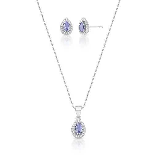 CONJUNTO BRINCO E PINGENTE CRISTAL DE GOTA EM PRATA RODINADA