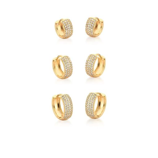KIT TRÊS PARES DE ARGOLAS COM ZIRCÔNIAS BRANCAS BANHADO A OURO