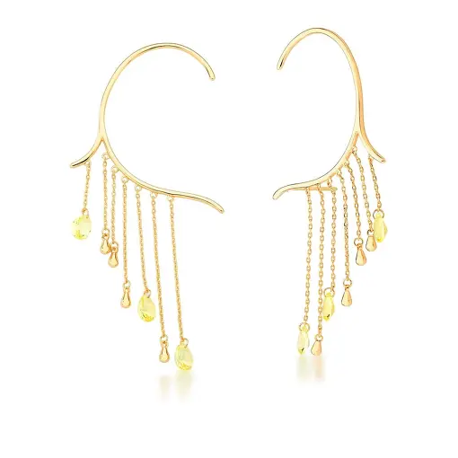 BRINCO EAR CUFF COM ZIRCÔNIAS EM GOTA PRASIOLITA BANHADO A OURO