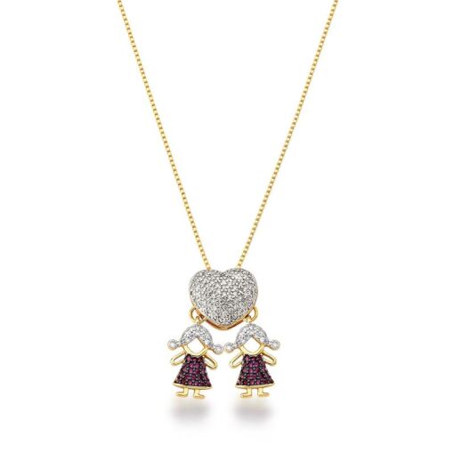 COLAR COM PINGENTE CORAÇÃO DUAS MENINAS BANHADO A OURO
