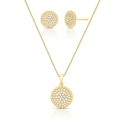 CONJUNTO BRINCO E COLAR COM PINGENTE REDONDO COM ZIRCÔNIAS