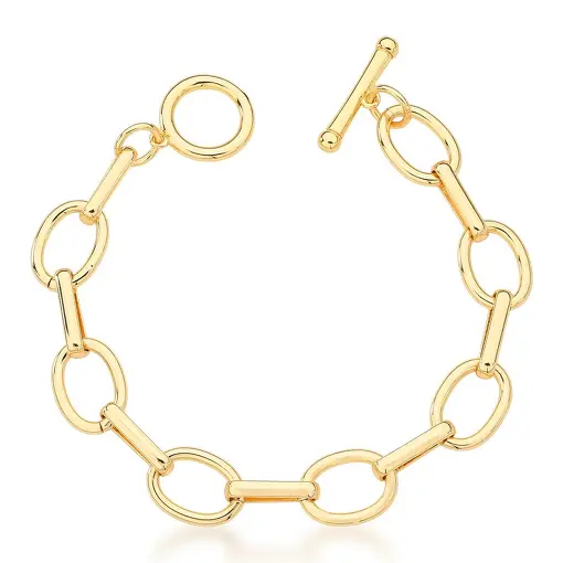 PULSEIRA COM ELOS RETANGULARES E OVAIS BANHADA A OURO