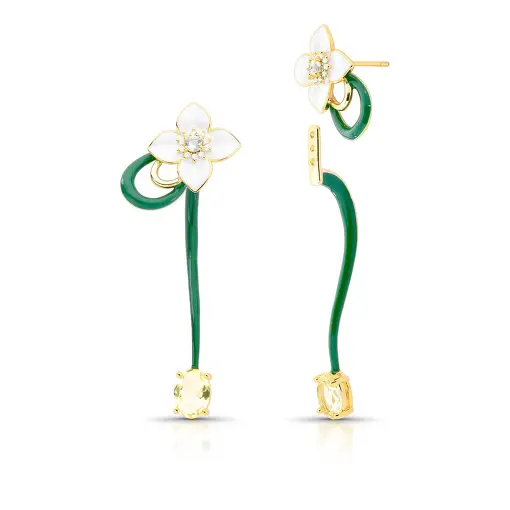 BRINCO EAR JACKET DE FLOR E ESMALTADO BANHADO A OURO