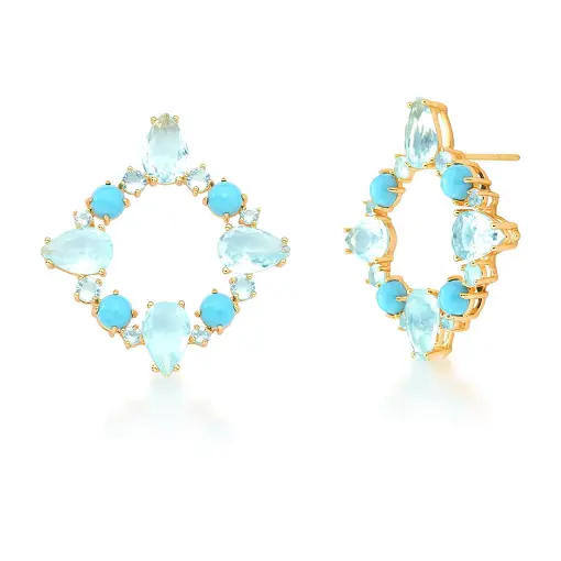 BRINCO REDONDO VAZADO COM CABOCHÕES TURQUESA BANHADO A OURO