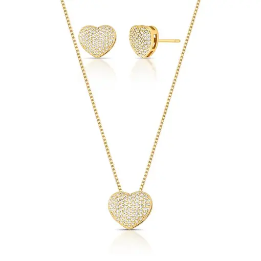 CONJUNTO DE BRINCO E COLAR COM PINGENTE DE CORAÇÃO COM ZIRCÔNIAS