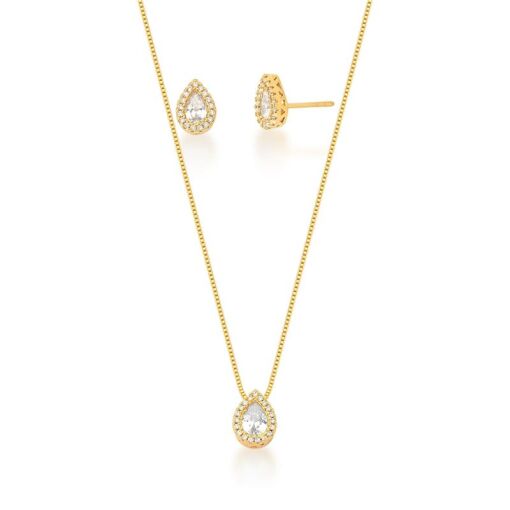 CONJUNTO BRINCO E CORRENTE COM PINGENTE GOTA BANHADO A OURO