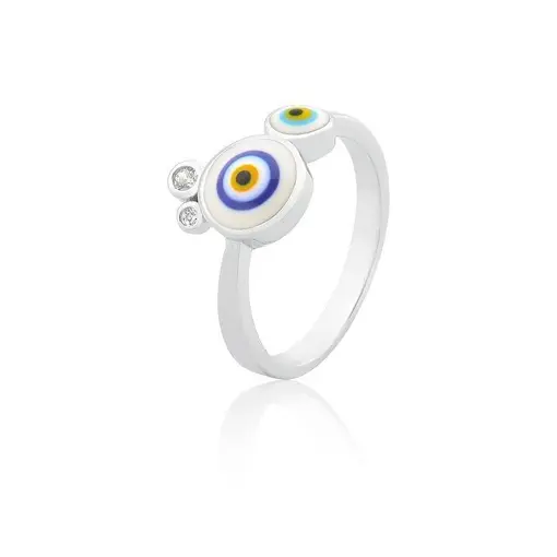 ANEL COM DOIS OLHOS GREGOS ESMALTADOS PRATA RODINADA