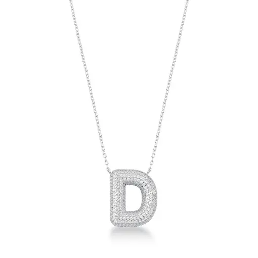 COLAR COM PINGENTE DE LETRA "D" CRAVEJADO  PRATA RODINADA