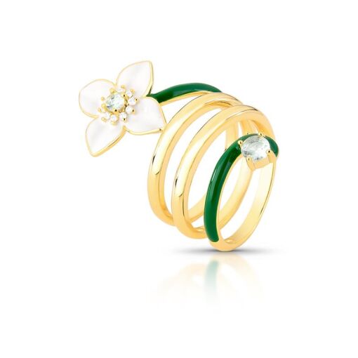 ANEL DE FLOR ESMALTADO COM CRISTAL E ZIRCÔNIA QUATRO VOLTAS