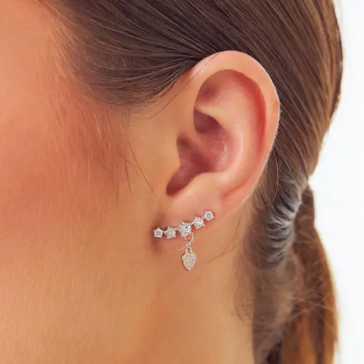 BRINCO EAR CUFF CRISTAIS REDONDOS E CORAÇÃO PRATA RODINADA