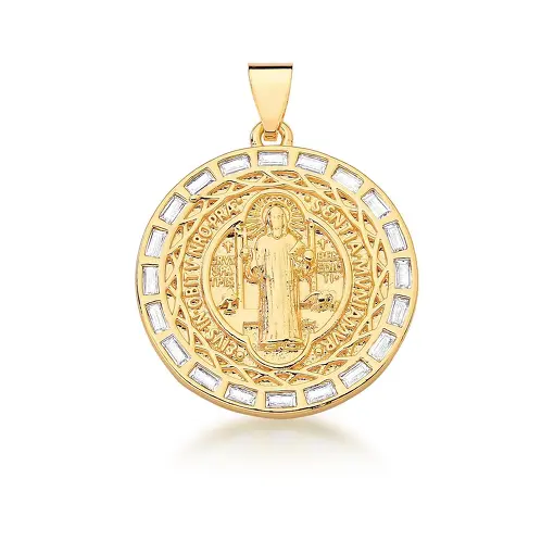 PINGENTE DE SÃO BENTO LISO E CRISTAIS BANHADO A OURO