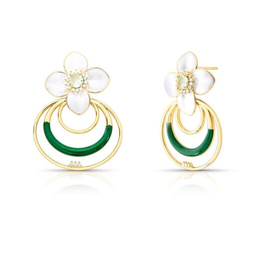 BRINCO 2 EM 1 DE FLOR ESMALTADO E VAZADO BANHADO A OURO