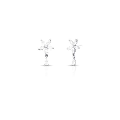 BRINCO DE FLOR COM CRISTAL E GOTA EM PÊNDULO