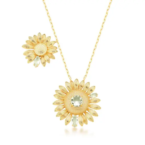 COLAR COM 2 PINGENTES DE FLOR GIRASSOL TRABALHADO COM CRISTAIS