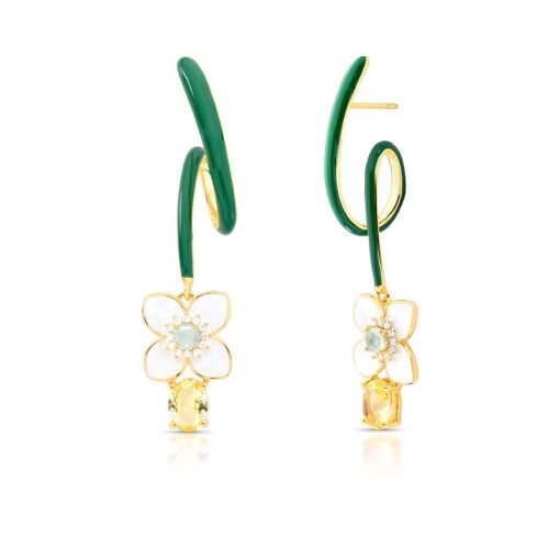 BRINCO DE FLOR EM PÊNDULO ESMALTADO BANHADO A OURO