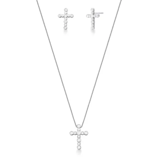 CONJUNTO COLAR E BRINCO DE CRUZ COM CRISTAIS  PRATA RODINADA