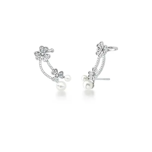 BRINCO EAR CUFF DE FLOR CRAVEJADO E PÉROLA BANHADO A RÓDIO