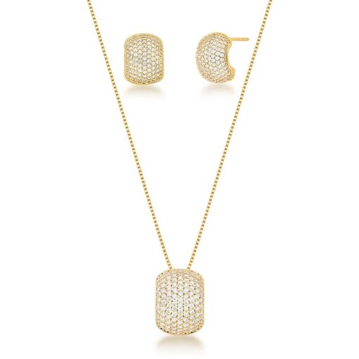 CONJUNTO DE COLAR E BRINCO CURVO CRAVEJADO BANHADO A OURO