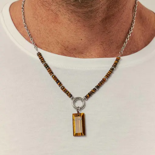 COLAR COM PEDRAS E PINGENTE RETANGULAR AÇO