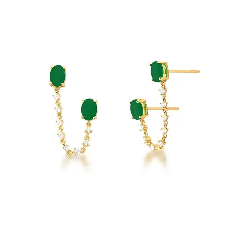 BRINCO EAR LINE COM CRISTAIS OVAIS ESMERALDA BANHADO A OURO